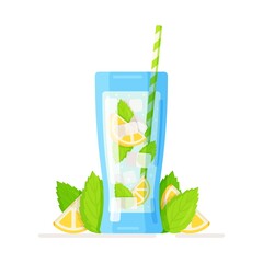 Vector isolated illustration of a clear glass with a sour lemon cocktail. Glass of freshly squeezed citrus lime and lemon juice with a straw, summer banner, refreshing drink with lemon slices.