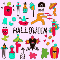 Naklejka premium quirky set of stickers psychedelic halloween.Bizarre is modern magic.Punk tattoo templates.Patches - monsters,flowers,potion,heart shape,magic, face, devil, fir.Astrological spiritual isolated patches