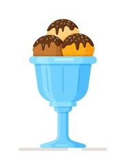 Vector illustration of isolated ice cream in a glass bowl. Consisting of ice cream balls flavored with chocolate, vanilla and fruit, drizzled with chocolate frosting and sprinkled with sweet crumbs.