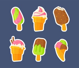 Set of ice cream stickers. Cute and funny ice cream characters, cones, ice cream with smiling human faces, cartoon vector illustration, isolated on blue background. 