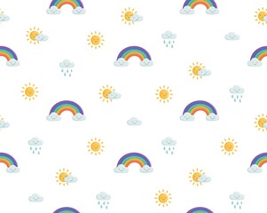 Funny weatherseamless pattern. Rainbow, sun, clouds.