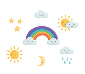 Funny weather set illustration. Rainbow, sun, clouds, star, moon, rain. Day and night. Nursery