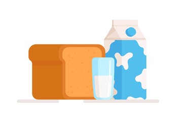 Vector illustration of isolated bread and milk before bedtime. A nutritious breakfast with benefits. Balanced nutrition. 