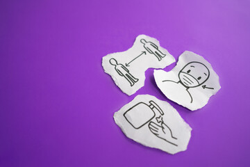 distancing, face mask and alcohol gel. covid-19 protocols drawn on paper on a purple background. to use as a presentation background. copy space