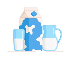 Vector illustration of an isolated glass and milk bottle banner. Drawing of milk advertisement. Useful and calorie-free breakfast.