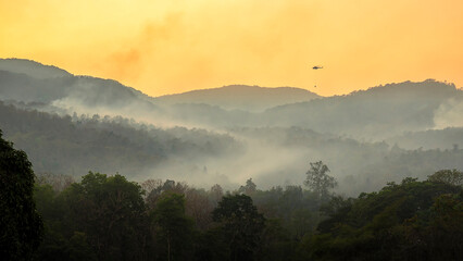 Wildfire disaster is burning forests on the mountains. Emergency services helicopter drops water to extinguish the forest fires that burned the forest on the mountains.