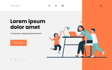 Tired mom working at laptop at home. Active kids bothering freelance mother flat vector illustration. Motherhood, lockdown, distance work concept for banner, website design or landing web page