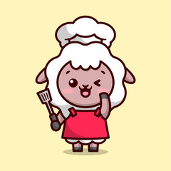 CUTE SHEEP CHEF WEARING RED APRON IS SMILING AND BRINGING A SPATULA. CARTOON MASCOT DESIGN.