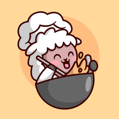 CUTE SHEEP CHEF IS COOKING FOOD WITH A BIG PAN. HIGH QUALITY CARTOON MASCOT LOGO.