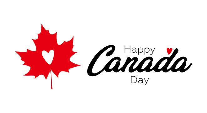 Vector isolated handwritten logo for Canada Day with heart in red maple leaf. Vector typography for greeting cards, web banners, decor and covers. Happy Canada Day concept.