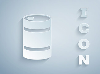 Paper cut Metal beer keg icon isolated on grey background. Paper art style. Vector