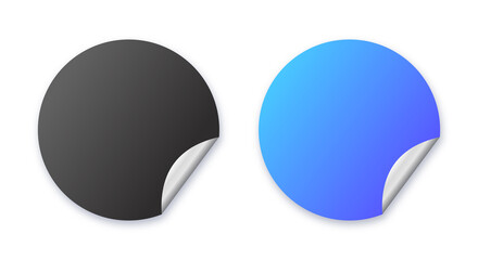 Sticker black and blue. Paper round stickers with peeling corners and shadow. Realistic paper sticker mockup with curved corner. Vector isolated