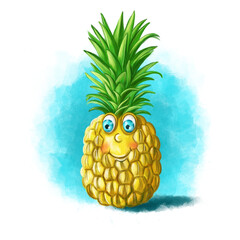 Childrens illustration of funny pineapple fruit character with big eyes, cheerful and happy bright yellow color character with green long leaves for design and childrens play