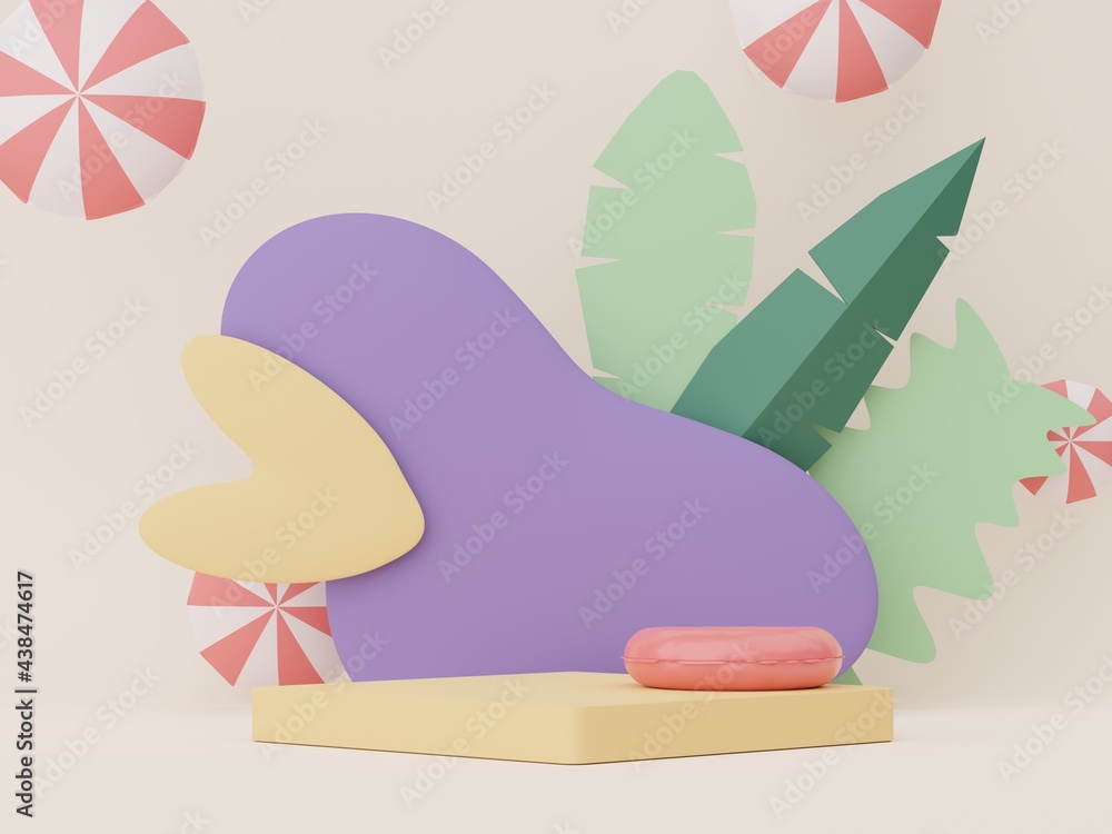 Poster 3d render of minimal display podium with summer season background concept. minimalist pedestal for w