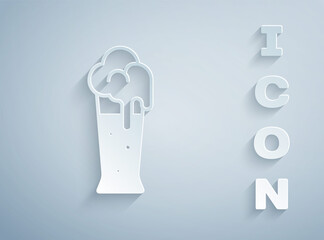 Paper cut Glass of beer icon isolated on grey background. Paper art style. Vector