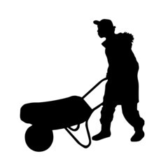A man in a cap, hat with a garden wheelbarrow. Black silhouette, vector illustration.