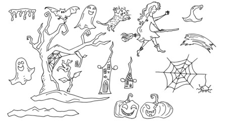 Ghosts, witch, pumpkins, houses, tree, spider with cobwebs, cat. Vector linear illustration for Halloween.