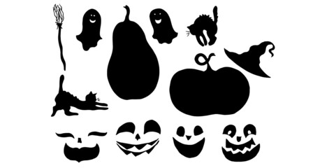 Pumpkins, ghosts, cats, hat, broom. Halloween attributes. Black silhouette. Vector illustration.