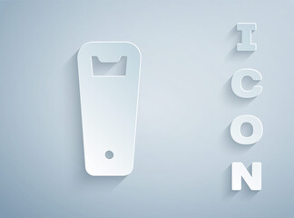 Paper cut Bottle opener icon isolated on grey background. Paper art style. Vector