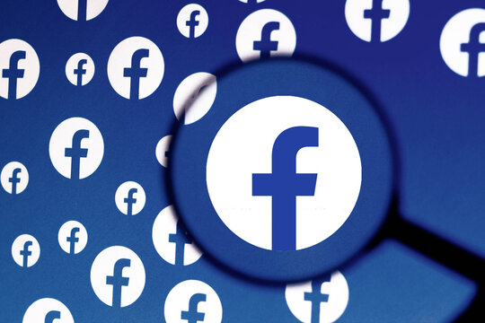 June 8, 2021, 2021, Brazil. In this photo illustration the Facebook logo is seen on the computer screen through a magnifying glass.