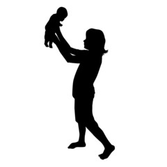 Fototapeta na wymiar Girl, woman holding a small child in her arms. Black silhouette. Vector illustration.