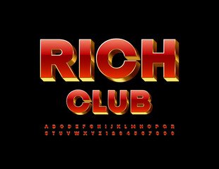 Vector exclusive logo Rich Club. 3D Red and Gold Font. Shiny premium Alphabet Letters and Numbers set