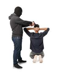 Terrorist aiming at hostage on white background