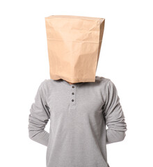 Male hostage with paper bag on white background