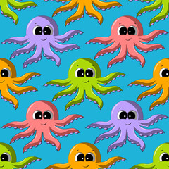 Seamless vector pattern with cute cartoon color octopus