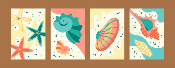 Fototapeta na wymiar Bright marine collection of contemporary art posters. Sea world illustration set in pastel colors. Cute seashells and starfish on gentle background. Sea life concept for banners, website design