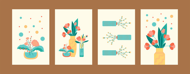 Beautiful spring flowers collection of contemporary art posters. Bright flowers in vases and pots. Postcard invitation design. Flowers and bouquet concept for banners, website design or backgrounds