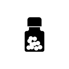 Medical Bottle with Pills, Medicine Vial. Flat Vector Icon illustration. Simple black symbol on white background. Medical Bottle Pills Medicine Vial sign design template for web and mobile UI element.