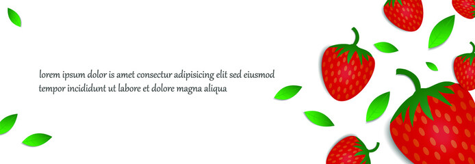 white background template with red strawberry fruit design and green leaves. promotional design in the form of banners, greeting cards and graphic design purposes. simple and unique modern background