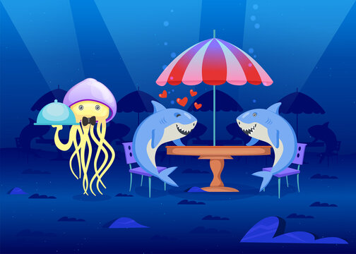 Sea inhabitants in restaurant at bottom of sea. Cartoon vector illustration. Two sharks in love on date, sitting at table, octopus waiter serving them. Animal, ocean, nature, love, food concept