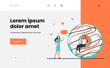 Doctor recommending to restrict junk food. Nutritionist, donut, pastry, sweet. Flat vector illustration. Unhealthy eating, diet, health problem concept for banner, website design or landing web page