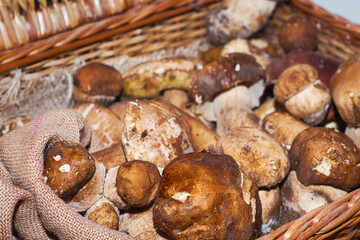 Wooden basket full of fresh boletus mushrooms