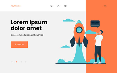 Happy man watching launch of rocket. Project, sky, engine flat vector illustration. Startup and exploration concept for banner, website design or landing web page