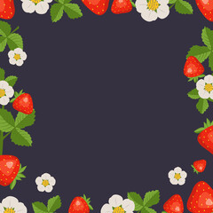 Frame with strawberries, leaves and white flowers on a dark background. Bright fruit square pattern. Summer food banner