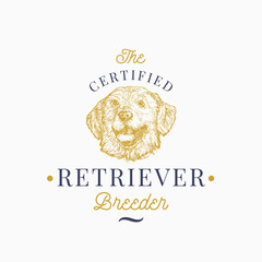 Dog Breeder Badge or Logo Template. Hand Drawn Golden Retriever Breed Face Sketch with Retro Typography. Vintage Premium Emblem. Isolated