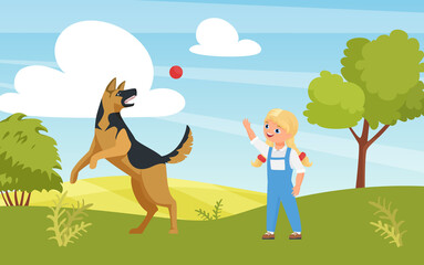 Obraz na płótnie Canvas Happy girl playing fun game with dog in playground or summer nature park vector illustration. Cartoon cute kid character training puppy pet outdoor, animal pet friend jumping catching ball background