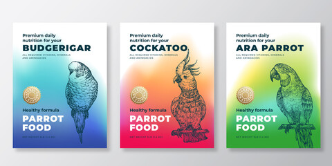 Pet Bird Food Product Label Templates Set. Abstract Vector Packaging Design Layouts. Modern Typography Banners with Hand Drawn Budgerigar, Ara and Cockatoo Parrots Sketch Backgrounds Collection © createvil
