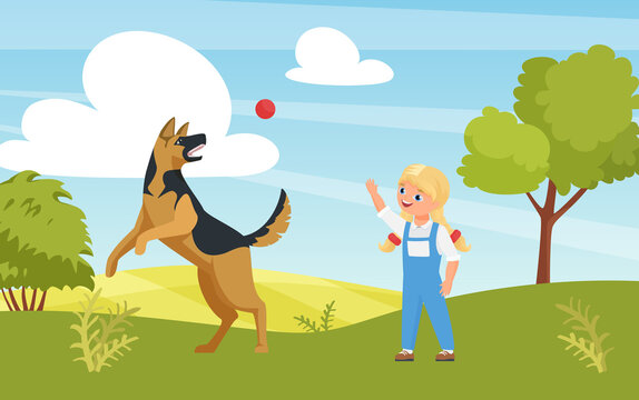 Happy Girl Playing Fun Game With Dog In Playground Or Summer Nature Park Vector Illustration. Cartoon Cute Kid Character Training Puppy Pet Outdoor, Animal Pet Friend Jumping Catching Ball Background