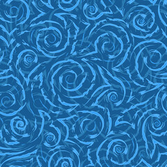 Vector blue geometric seamless pattern of flowing spirals curls and corners.Vector nautical geometric seamless texture of smooth and broken lines.Stylized blue pattern of water flow or waves.