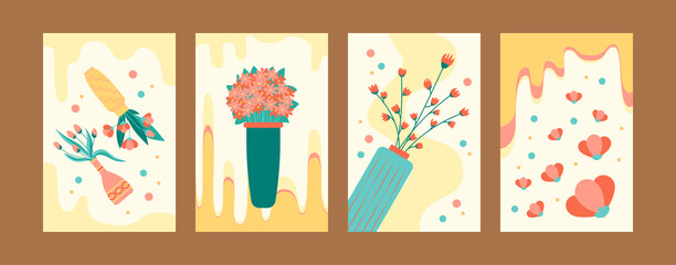 Blooming flowers in pastel style. Bright flowers in vases and pots. Postcard invitation design. Flowers and bouquet concept for banners, website design or backgrounds