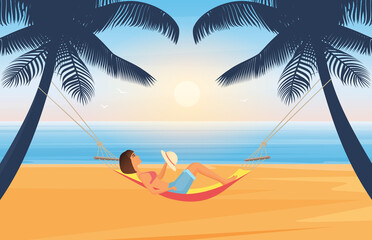People relax and sunbathe on summer sea beach in tropical island vector illustration. Cartoon young woman character with hat sunbathing, lying in hammock, summertime travel vacation background