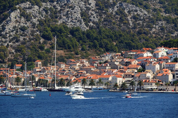Fototapeta na wymiar View of town Hvar on island Hvar, Croatia. Hvar is popular summer travel destination.