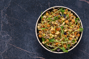 Mixed salad of sprouted grains and microgreens in a bowl