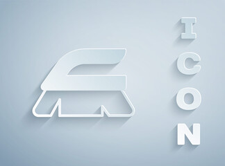 Paper cut Brush for cleaning icon isolated on grey background. Cleaning service concept. Paper art style. Vector