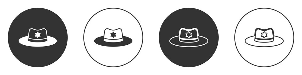 Black Sheriff hat with badge icon isolated on white background. Circle button. Vector