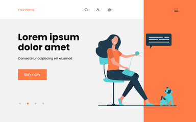 Happy woman knitting at home. Pet, yarn, speech bubble flat vector illustration. Hobby, craft, winter concept for banner, website design or landing web page